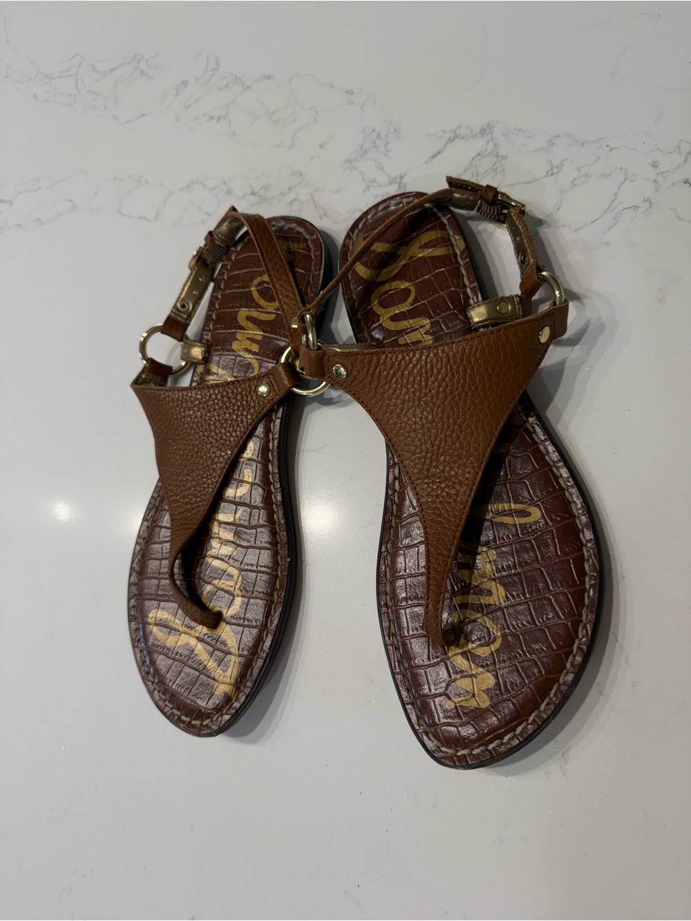 Sam Edelman Brown Leather T-strap Sandals with Gold Hardware